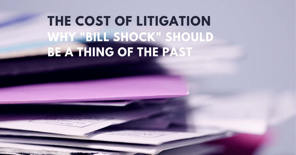 A pile of loose papers and files with the heading 'The cost of litigation, Why 'bill shock' should be a thing of the past'