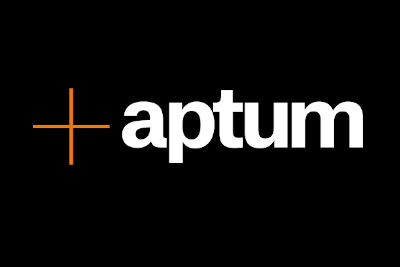 Aptum logo in white text and orange axis on black background