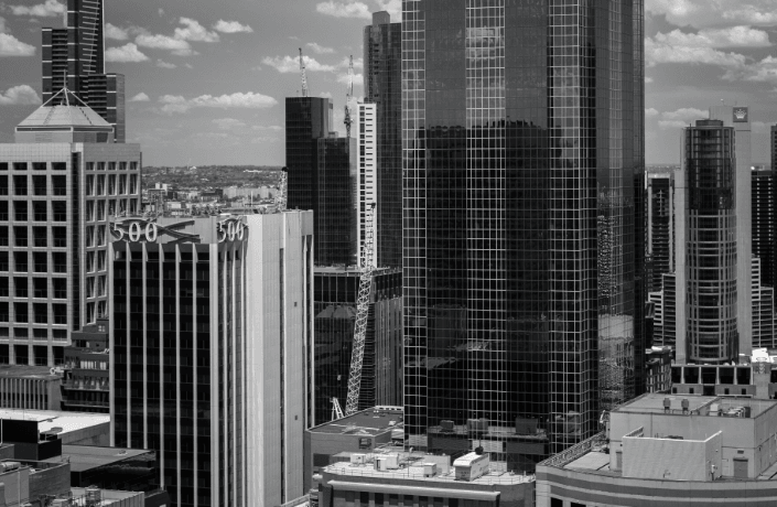 Melbourne's city skyline in black and white featuring Crown and the Eureka tower in the background