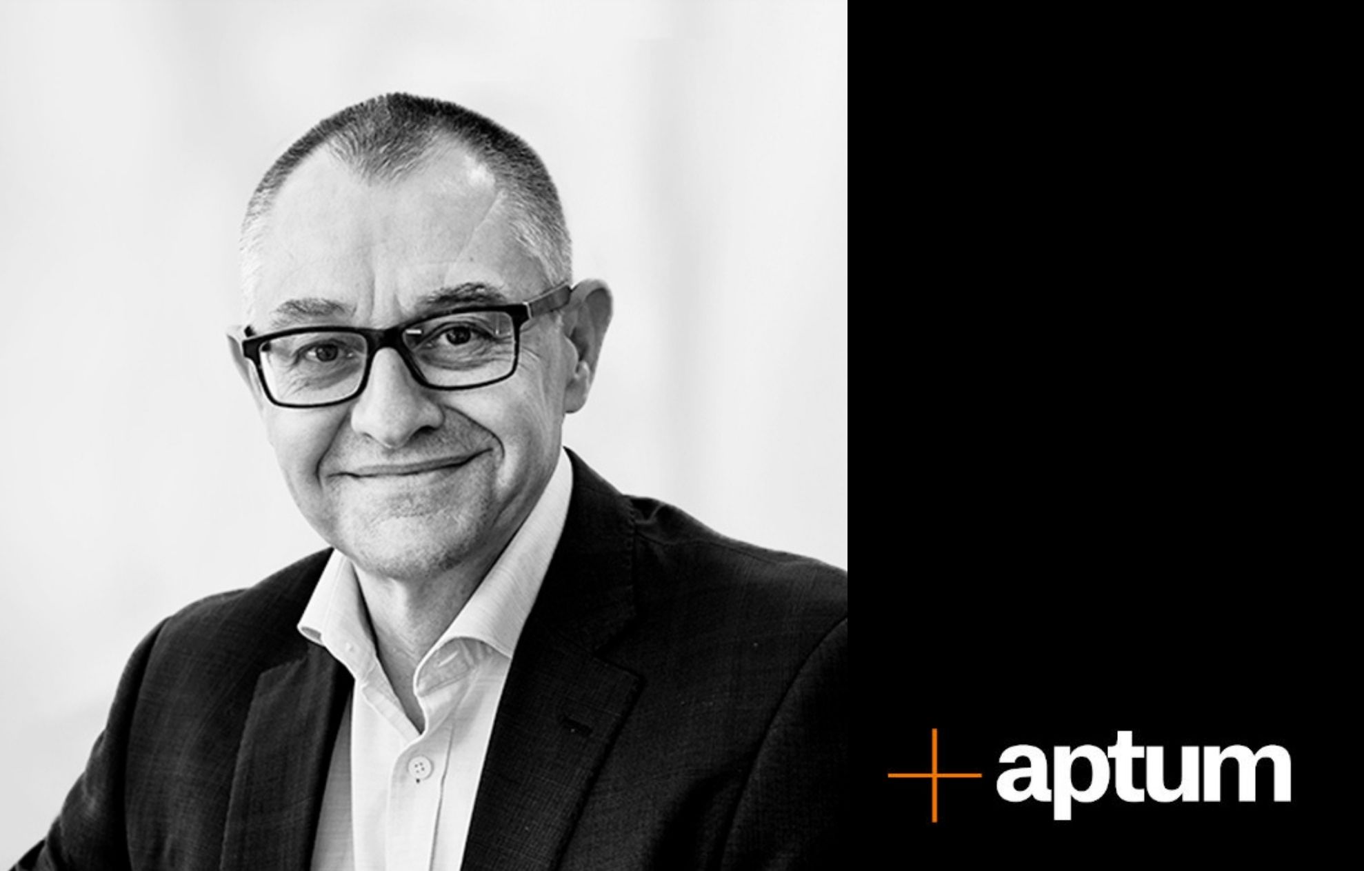 A headshot of David Wells on the left with a black panel on the right featuring the Aptum logo