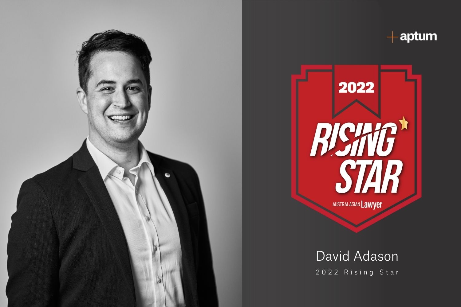 Headshot of Aptum's David Adason beside digital medal for Rising Star award