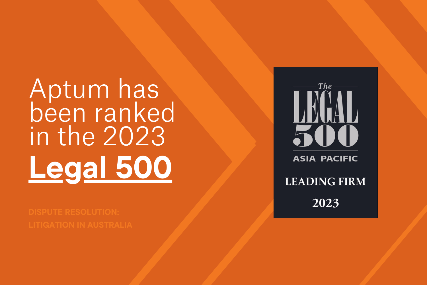 orange background that says 'aptum has been ranked in the 2023 legal 500 on the left with The Legal 500 logo on the right